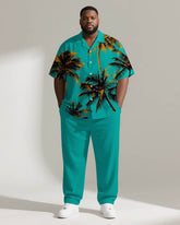 Big & Tall Men's Hawaiian Green Coconut Print Short Sleeve Shirt Trousers Suit