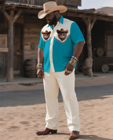 Big & Tall Men's Western Style Color Matching Casual Cat Printing-short Sleeve Shirt Pants Suit