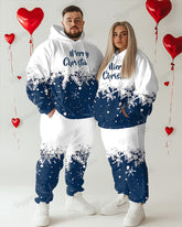 Couple Fashion Casual Big and Tall Romantic Blue Christmas Snowflake Hoodie Set