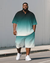 Big Men's Classic Green Gradient Short Sleeve Polo Shirt Shorts Sets