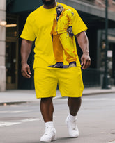 Men's Fashion Yellow Cool Gorillas Cartoon Print Big & Tall Laid-back Short-Sleeve T-shirt & Short Set