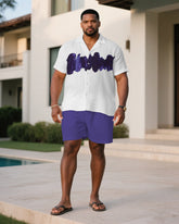 Men's Plus Size White & Purple Wave Short Sleeve Shirt Shorts Suit