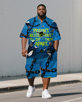Big Men's Chain and Cartoon PRISON Lettering Loose Short-Sleeve Polo Shirt & Shorts Set