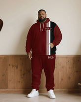Big & Tall Men Fall/Winter Joker Casual Red & Black & White Color Matching Chest Polo Small Label Printed Hoodie Suit