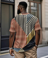Men's Plus Size Daily Casual Red Stripe Patchwork Geometric Print Henry Collar Button Short Sleeve T-Shirt