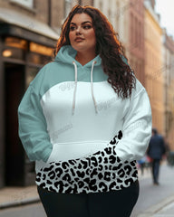 Women's Plus Casual Colorblock Leopard Print Long-sleeved Hoodie