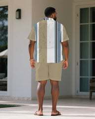 Men's Plus Size Khaki & Blue Skinny Print Short Sleeve Shirt Shorts Suit