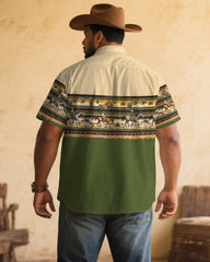 Men's Plus Size Vibrant Green Western Print Short Sleeve Shirt