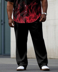 Men's Plus Size Black Red Flame Short Sleeve Shirt Trousers Suit