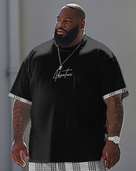 Men's Large Simple Plaid Patchwork Printed T-Shirt Pants Suit