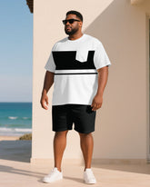 Big & Tall Men Black & White Chest Patch Pocket Round Neck Short Sleeve T-Shirt Shorts Suit