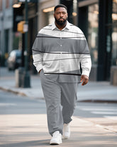 Big & Tall Men's Business Grey Colorblock Geometric Print Bamboo Hemp Texture Long Sleeve Shirt Trousers Suit