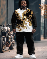 Men's Big & Tall Vintage Black And White Color Block Pattern Printing Long Sleeve Shirt Trousers Set