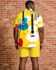 Big & Tall Men's Music Pattern Printed Yellow Short Sleeve Shirt Shorts Set