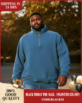 Big & Tall Men's Blue-Fall/Winter Solid Color Polar Fleece Fabric Metal Zipper Collar POLO Long Sleeve