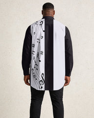 Men's Large Size Black, White Mosaic Music Pattern Print Long Sleeve Lapel Shirt