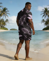 Men's Plus Size Black & Pink Leaf Print Short Sleeve Shirt Shorts Set