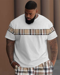 Big Guys Casual Color Block England Plaid Printed T-Shirt Pants Set