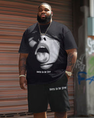 Men's Plus Size Street Casual Slogan Printed T-Shirt Shorts Suit