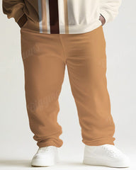 Big Guys Simple Khaki Stripe Print Round Neck Sweatshirt Set