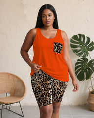 Women's Plus Size Daily Casual Orange Leopard Print Pocket Vest Shorts Suit