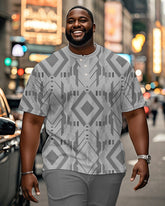 Men's Plus Size Daily Casual Grey Diamond Geometric Print Henley Collar Button Short Sleeve T-Shirt