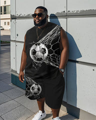 Men's Plus Size Black Football Into The Net Printed Vest Shorts Suit