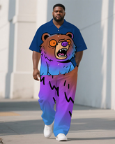 Big Men's Cartoon Surprised Bear Gradient Effect Street Short Sleeve Shirt and Pants Set