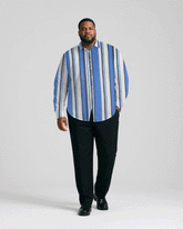 Men's Plus Size Business Classic Blue Striped Print Long Sleeve Shirt Trousers Suit