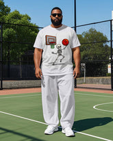 Big Men's Funny Skull Playing Basketball Printed Casual Sport Short Sleeve T-shirt Pants Set