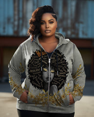 Women's Plus Size Gold Foil Queen Historical Black Moon Vintage Long Sleeve Zip Hoodie