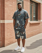 Plus Size Men's Retro Tie-dyeT Shirt Shorts Suit