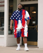 Men's Plus Size Independence Day Star Stripe Print Round Neck Short Sleeve T-Shirt Shorts Suit