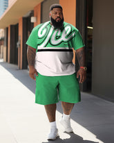 Big & Tall Street Cartoon Color Block Ice Green Graffiti Short-Sleeved Shorts Set