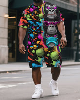 Men's Big & Tall Dreamy Cartoon Splicing Gorillas Print Short-Sleeved T-shirt & Short Set