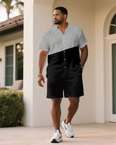 Men's Plus Size Gray Texture Fabric Stitching Black Fashion Short Sleeve Shirt Shorts Suit