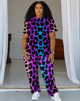 Women's Plus Size Gradient Leopard Print T-Shirt and Trousers Suit