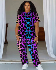 Women's Plus Size Gradient Leopard Print T-Shirt and Trousers Suit