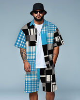 Men's Daily Casual Splicing Plaid Style Big Size Short Sleeve Shirt and Shorts Set
