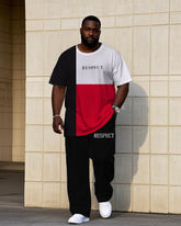 Men's Plus Size Casual Black & Red & White Geometric Color-block "Respect" Slogan Printed Short-sleeved T-shirt Trousers Suit