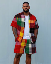 Big Men's Casual Splicing Colorful Plaid Style Short Sleeve Shirt and Shorts Set