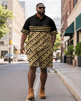 Men's Plus Size Daily Black And Yellow Patchwork Letter Print Short-sleeved Polo Shirt Shorts Suit