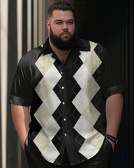 Men's Large Size Diamond Pattern Short Sleeve Shirt Trousers Set