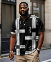 Men's Plus Size Daily Casual Black Striped Alphabet Print Henry Collar Button Short Sleeve T-Shirt