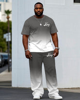 Men's Plus Size Casual Grey & White Chest "king" Slogan Printed Short-sleeved T-shirt Pants Suit