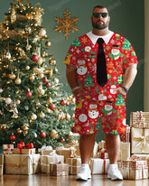 Men's Plus Size Christmas Snowman Elk Cartoon Tie Print T-Shirt Shorts Suit
