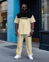Big Men's Casual Color Block Splicing Style KING Letter Printed Short Sleeve T-shirt Pants Set