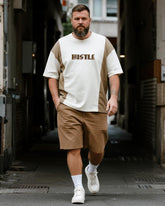 Big & Tall Men's Khaki Stripe HUSTLE Alphabet Print Round Neck Short Sleeve T-Shirt Shorts Suit