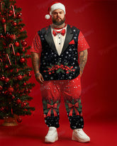 Men's big and tall Christmas Color Matching Bow Suit Cosplay Printed T-Shirt Trousers Set