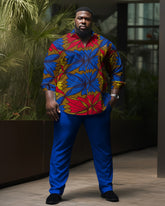 Men's Plus Size Blue Red Color Matching Leaf Long Sleeve Lapel Shirt Two-Piece Set